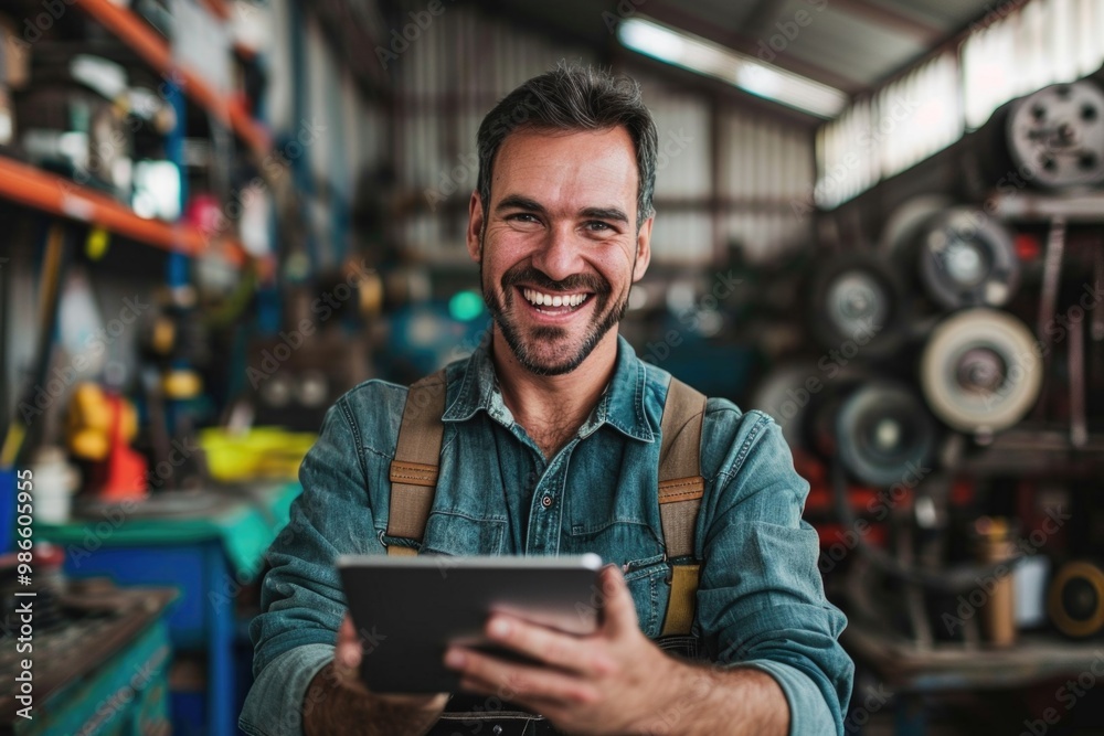 A person smiling and holding a tablet computer A person smiling and holding a tablet computer
