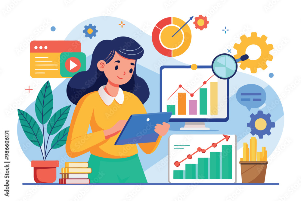 A woman examines a graph displaying performance improvements as she studies in her workspace, A woman studies a flat improvement graph. A woman examines a graph displaying performance improvements as she studies in her workspace, A woman studies a flat improvement graph.