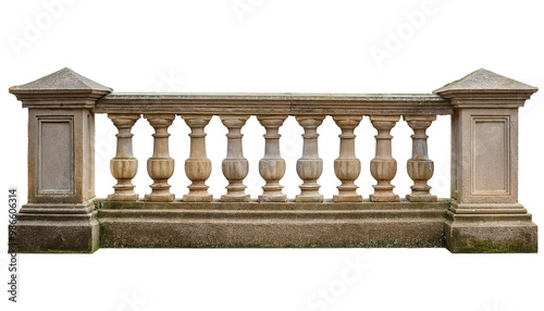  An old vintage banister fence stands alone against a white background, highlighting its classic craftsmanship and history