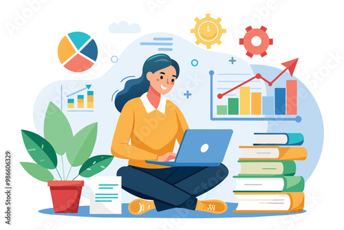A woman studies financial growth data and charts while using her laptop in a comfortable setting, A woman studies growth data and financial goals, flat image.