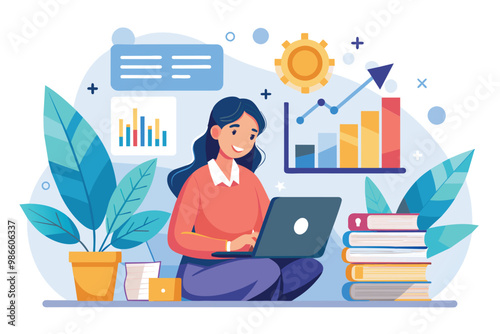 A woman sits on the floor, studying growth data and financial goals while using her laptop surrounded by books, A woman studies growth data and financial goals, flat image.