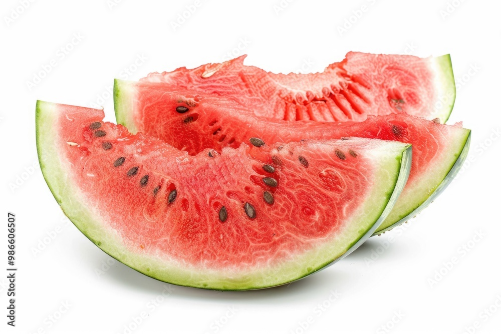 Fresh watermelon slices arranged on a clean white surface Fresh watermelon slices arranged on a clean white surface