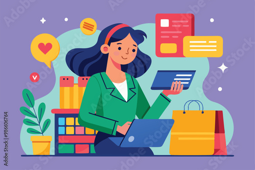 The woman is making an online purchase using her credit card while working on her laptop at home, A woman uses a credit card to make a purchase.