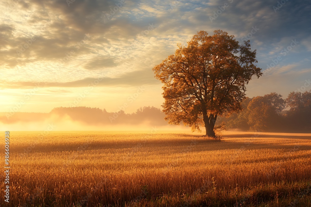 Fototapeta premium Single Tree Silhouette in Misty Field at Sunset