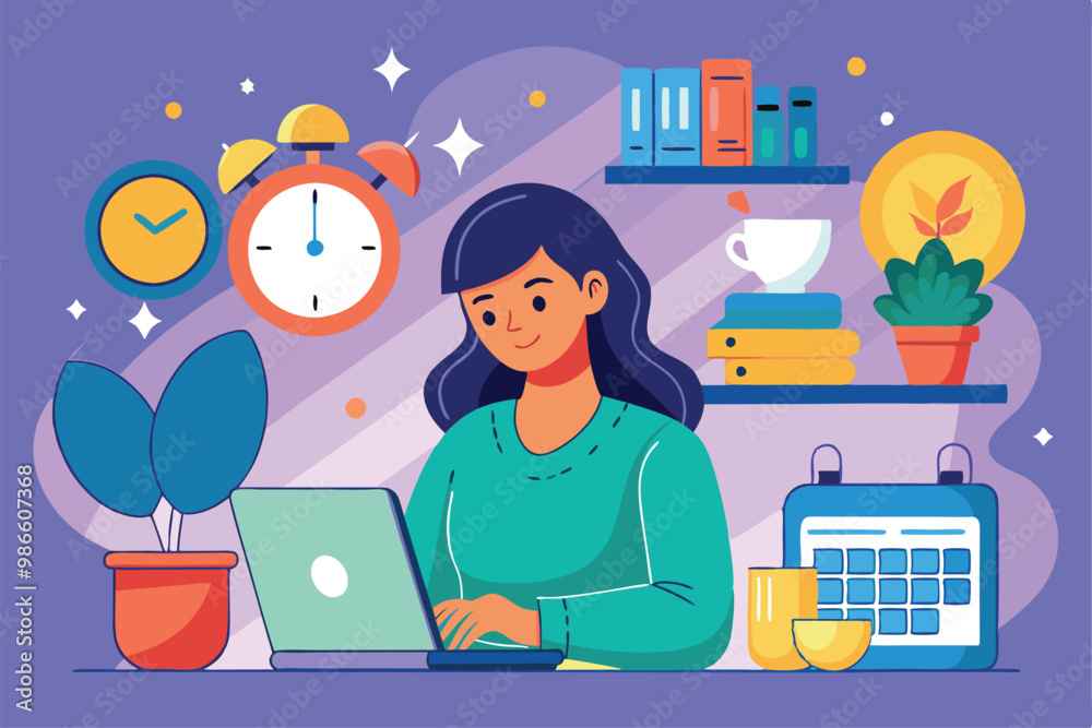 A woman focused on her laptop, surrounded by an alarm, a calendar, and plants, in a bright workspace, A woman using a laptop with an alarm and calendar nearby, in a flat illustration. A woman focused on her laptop, surrounded by an alarm, a calendar, and plants, in a bright workspace, A woman using a laptop with an alarm and calendar nearby, in a flat illustration.