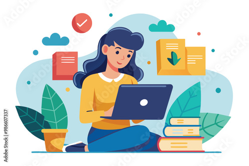 A woman focused on her laptop, reviewing a user manual while surrounded by plants and books at home, A woman using a laptop to read a user manual, illustrated in a trending, flat style.
