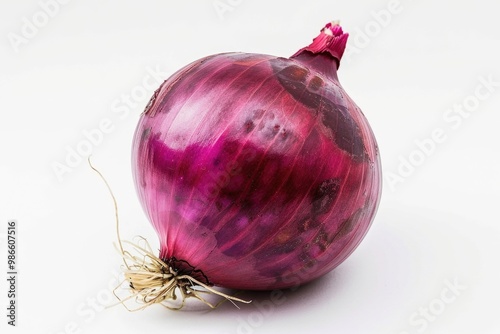 A single red onion on a white surface, great for food, kitchen, or still life photography