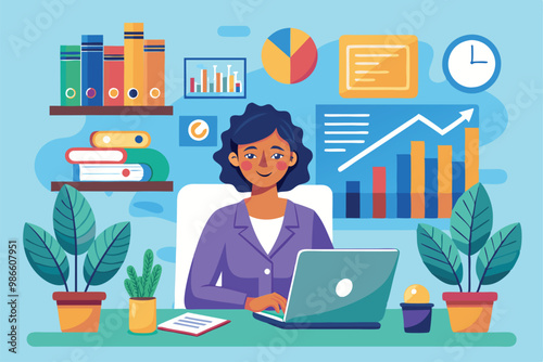 A woman works diligently from her home office, analyzing business data on a laptop while surrounded by charts, A woman working from home, analyzing business data, showing trends and no changes.