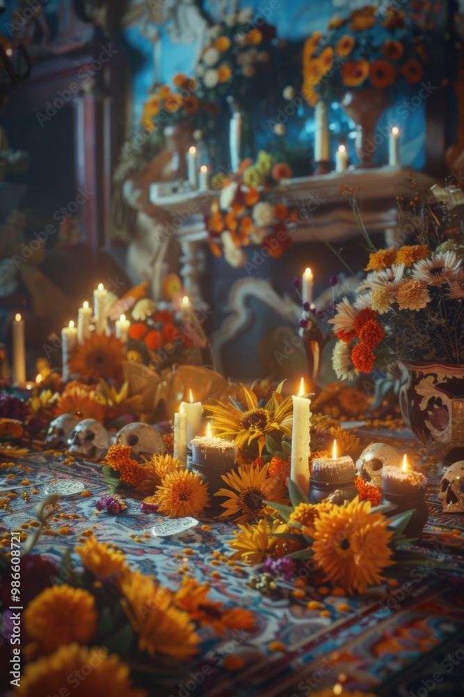Fototapeta premium A beautifully decorated table with many flowers and candles