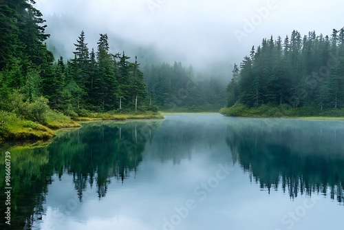 Tranquil lake and forest scenery with fog and reflections in the water. Serene nature landscape photography.