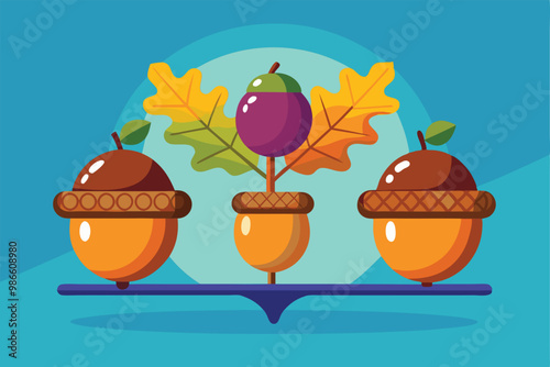 A colorful design featuring acorns with leaves, balancing on a horizontal line in a whimsical style, Acorns Customizable Unbalanced Drawing
