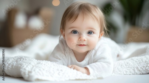 Infant girl lies peacefully on a blanket.