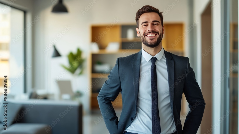 Young man smiling in office.