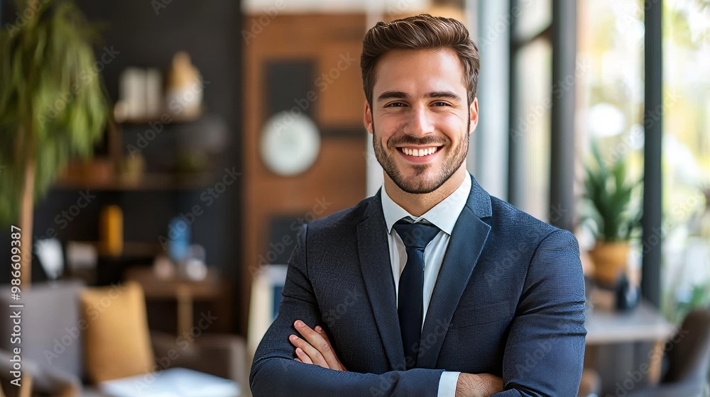 Businessman beaming in his office.