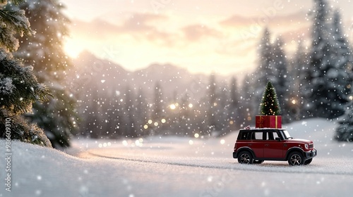 A small red car traveling along a winter road covered in snow, adorned with a Christmas tree on its roof and surrounded by colorful gift boxes in the forest. photo