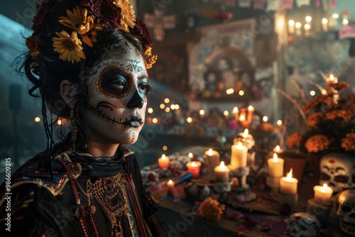 A woman with a bold skull-inspired makeup look sits in a dimly lit room surrounded by candles, creating an eerie atmosphere