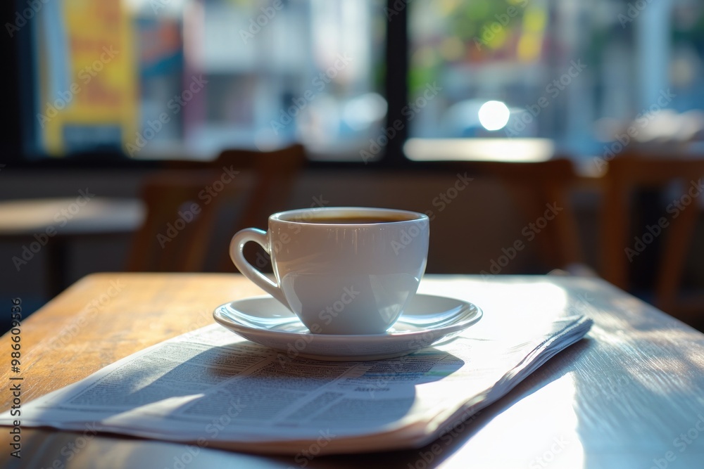 A Cup of Coffee on a Newspaper on a Wooden Table A Cup of Coffee on a Newspaper on a Wooden Table