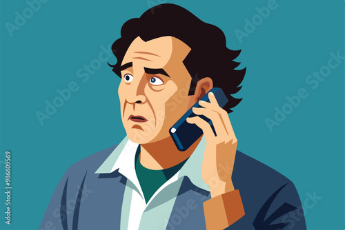 A man shows concern while speaking on his cellphone, likely discussing an urgent matter, Adult talking cell phone with customizable and disproportionate illustration.