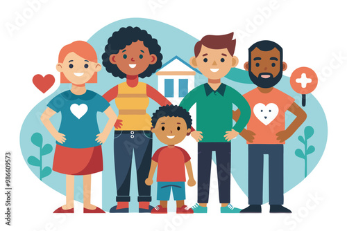 A family stands together, celebrating adoption with vibrant illustrations representing love and unity, Adopting children with customizable illustrations in a disproportionate manner.