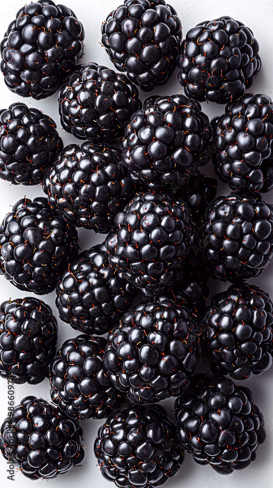 A close-up of fresh blackberries on a white background.