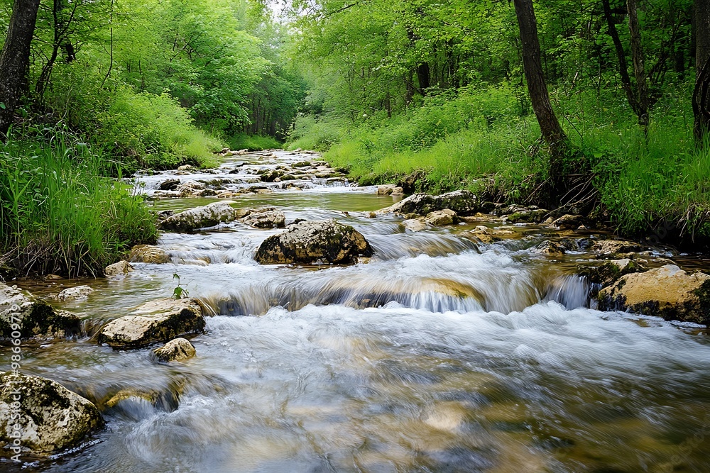 Serene Stream Flowing Through Lush Green Forest Serene Stream Flowing Through Lush Green Forest