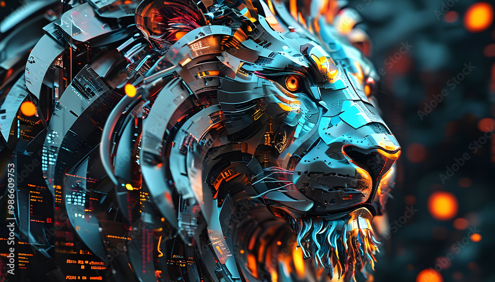 Fototapeta premium Futuristic Lion Head D Render Cyborg Animal Technology Concept