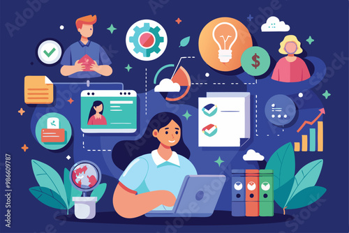 A person engages with a laptop while surrounded by vibrant, customizable flat illustrations showcasing various concepts, Advantages of Customizable Flat Illustration