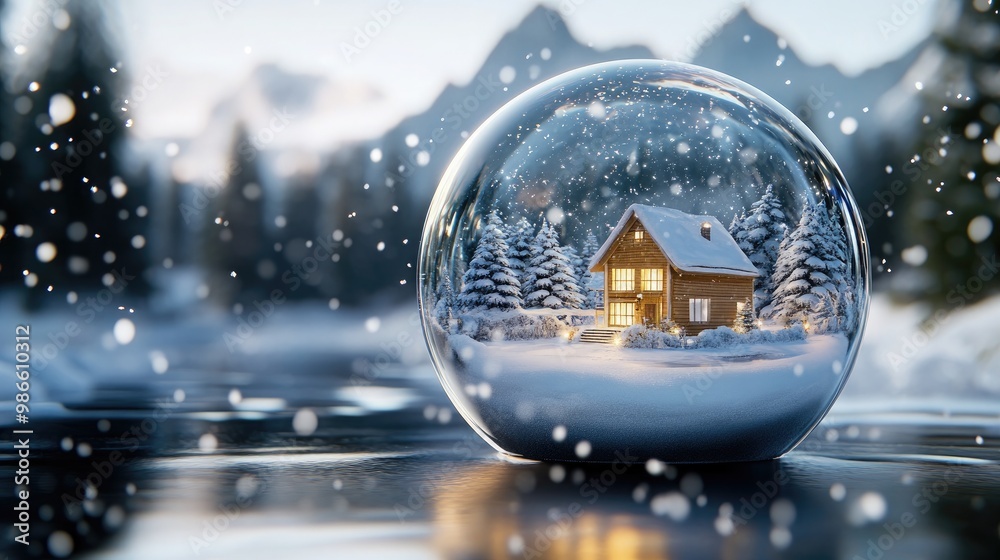 Fototapeta premium A stunning ornament features a miniature house encased in glass, surrounded by falling snow, with a wintery forest and river backdrop lending a serene atmosphere.