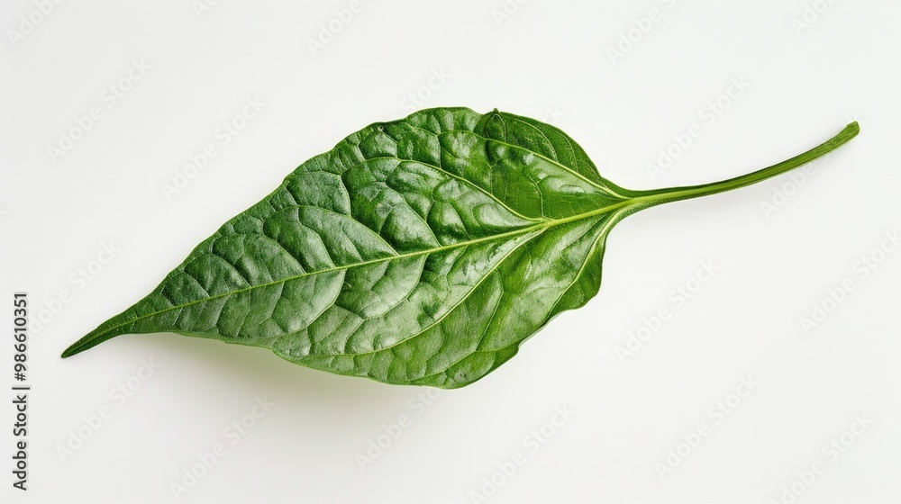 A single green leaf sitting on a clean white surface A single green leaf sitting on a clean white surface