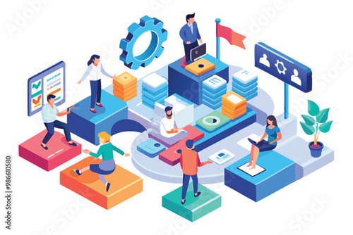 A vibrant isometric illustration portrays a team utilizing agile methods to enhance collaboration and productivity, Agile method with customizable isometric illustration.