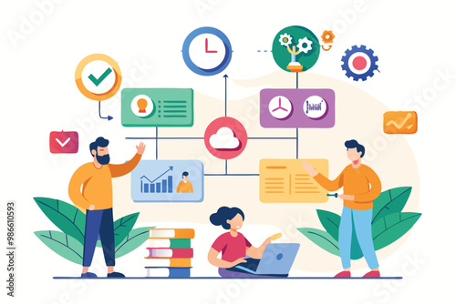 A vibrant illustration shows a team engaged in agile project management using customizable design elements, Agile method with customizable semi-flat illustrations.