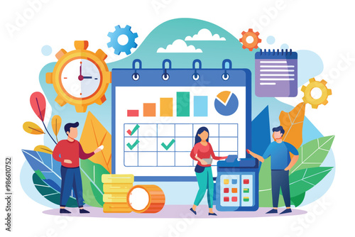 Two team members engage with a business schedule featuring charts and planning tools amid a vibrant backdrop, Agreed business schedule, flat illustration.