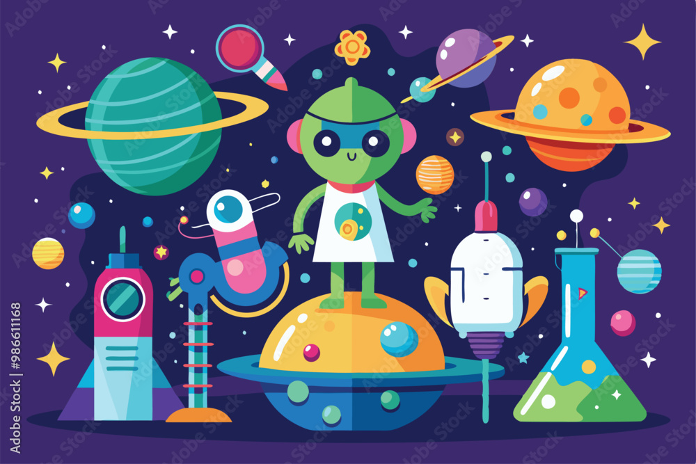 Naklejka premium An alien scientist stands on a colorful planet amid various floating celestial bodies and scientific tools, Alien science Customizable Disproportionate Illustration simplified.