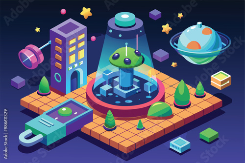 A vibrant alien landscape features a hovering spacecraft amidst geometric structures and celestial bodies, Alien science illustration, customizable and isometric.