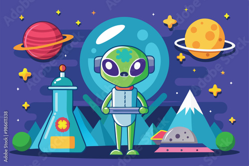 An alien holds a tray while standing among mountains, planets, and scientific equipment in space, Alien science illustration, customizable and semi-flat.