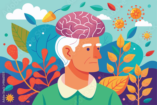 An elderly man reflects on his memories, illustrated with vibrant plants and symbols of Alzheimers awareness, Alzheimer Illustration