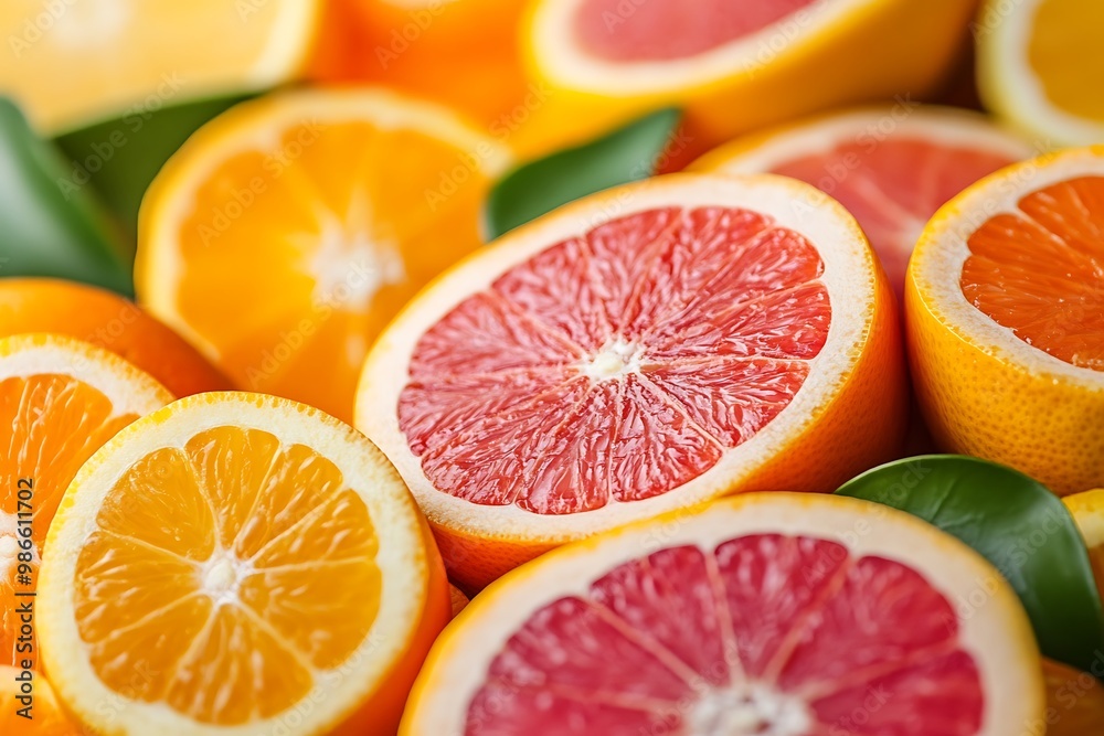 Citrus fruit slices, oranges, grapefruits, lemons, and limes with green leaves Citrus fruit slices, oranges, grapefruits, lemons, and limes with green leaves