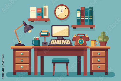 An old-fashioned desk displays a computer and telephone, surrounded by books and a clock in a warm setting, An old desk with old-fashioned computer and phone, illustrated flat.