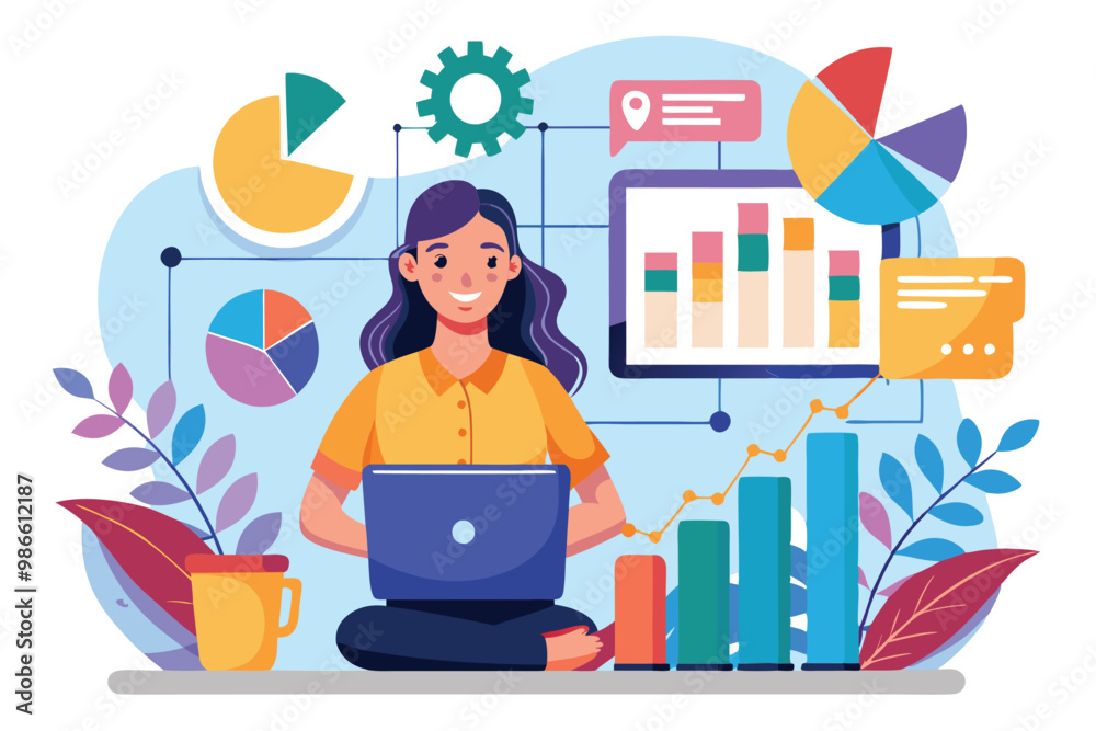 A woman analyzes women's growth data using analytics tools, surrounded by colorful graphs and charts, Analysis of women's growth data with a flat illustration. A woman analyzes women's growth data using analytics tools, surrounded by colorful graphs and charts, Analysis of women's growth data with a flat illustration.