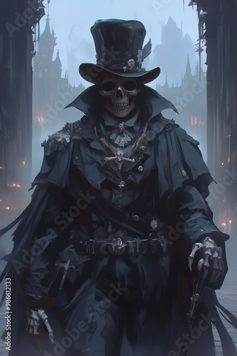 skeleton dressed in a top hat and cloak walks down a misty alley in a dark gothic city illuminated by eerie lights under a stormy sky