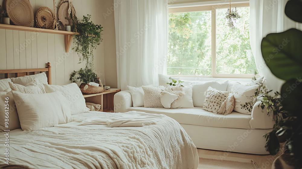 Calming Bedroom Haven for Single Mother with Cozy Bed, Floral Details, and a Serene Sofa Corner Calming Bedroom Haven for Single Mother with Cozy Bed, Floral Details, and a Serene Sofa Corner