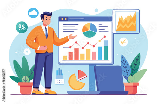 An analyst is explaining data trends using colorful charts in a contemporary office environment, Analyst data presentation shows a flat trend.