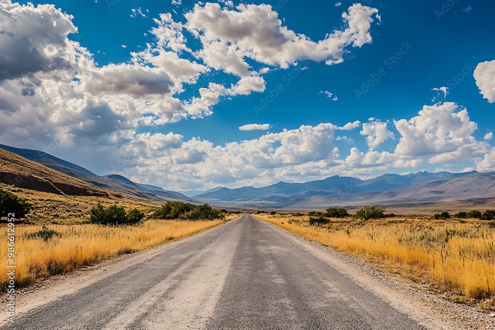 Empty asphalt road stretching towards the horizon with mountains in the background and cloudy blue sky Empty asphalt road stretching towards the horizon with mountains in the background and cloudy blue sky