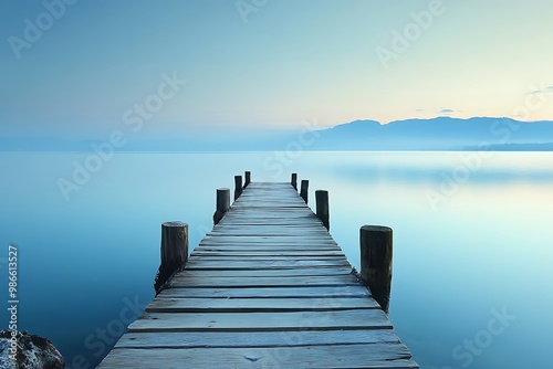 Wooden pier extending into calm blue water on a foggy morning