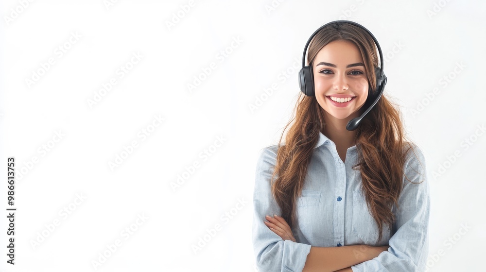 Smiling phone operator in headset on white.