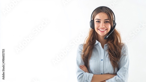 Obraz na płótnie Smiling phone operator in headset on white. w salonie