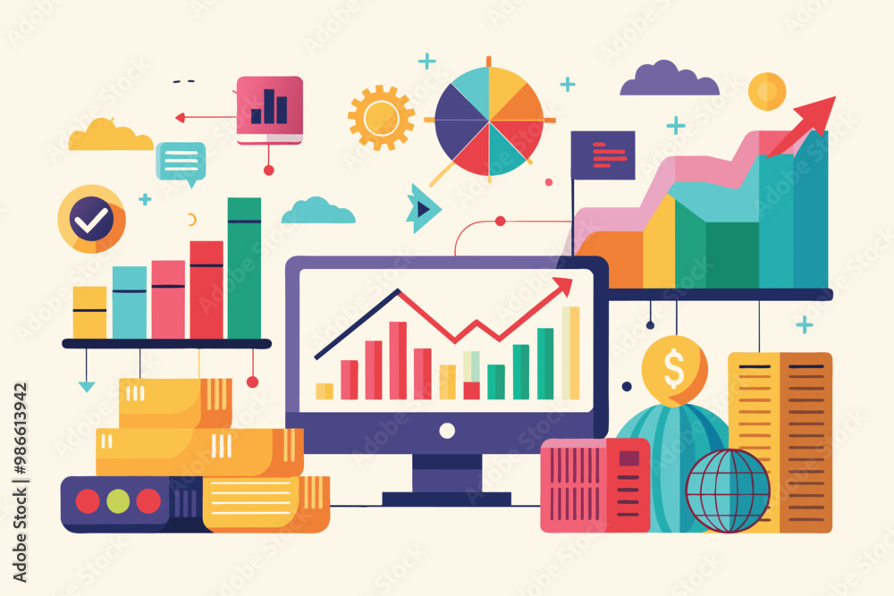 Fototapeta premium This visual displays various graphs and charts illustrating trade analysis concepts using bright colors, analyze trades, simple picture