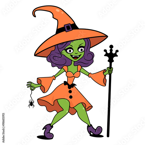 Retro green-skinned witch with a big orange hat, purple hair, holding a black staff and dangling a spider. Halloween spooky night groovy character isolated on white background, vector illustration.