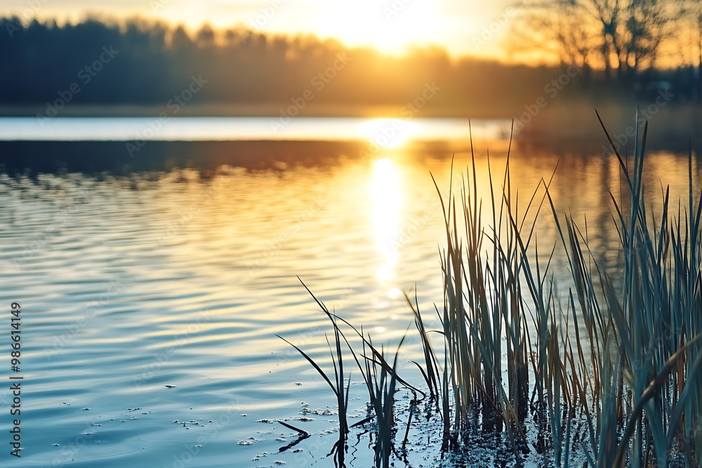Peaceful Sunset Over a Lake with Reeds in the Foreground Peaceful Sunset Over a Lake with Reeds in the Foreground
