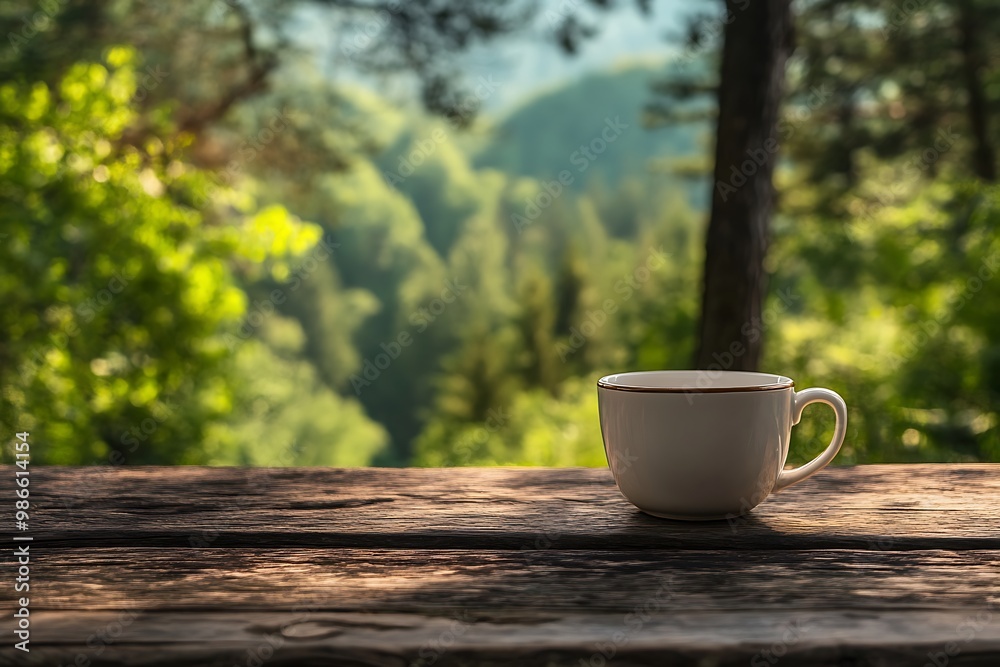 White Coffee Mug on Wooden Table with Blurred Forest Background White Coffee Mug on Wooden Table with Blurred Forest Background